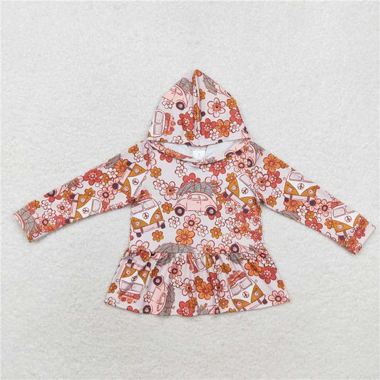 GT0652  Baby Girls Fall Cars Flowers Hooded Ruffle Tops