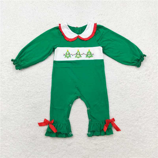 12.1 RTS NO MOQ （In stock）LR1119 Baby Infant Girls Christmas Tree Green Smocked Rompers