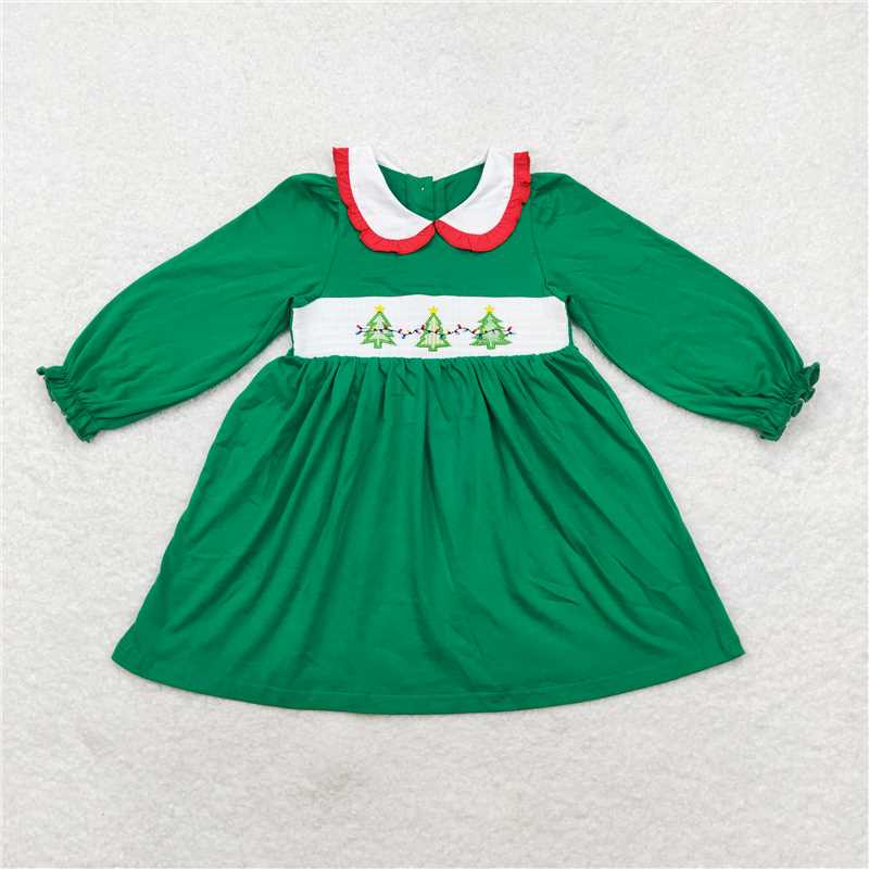 GLD0559 Baby Girls Christmas Tree Green Knee Length Smocked Dresses