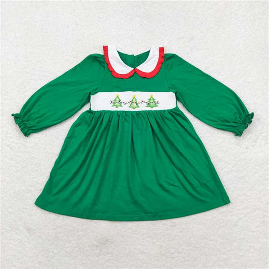 11.22 RTS NO MOQ （In stock）GLD0559 Baby Girls Christmas Tree Green Knee Length Smocked Dresses