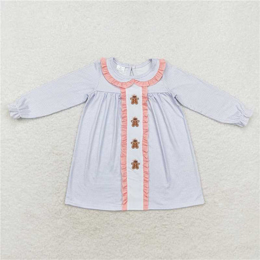 GLD0571  Baby Girls Blue Checkered Gingerbread Long Sleeve Knee Length Dresses