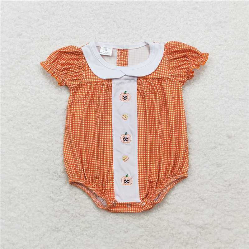 USA Shop (in stock)SR1879  Baby Infant Girls Fall Orange Checkered Pumpkin Short Sleeve Rompers