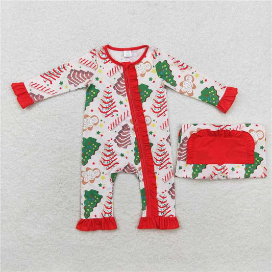 12.2 RTS NO MOQ （In stock）LR1149 Baby Infant Girls Christmas Tree Cake Long Sleeve Zip Rompers