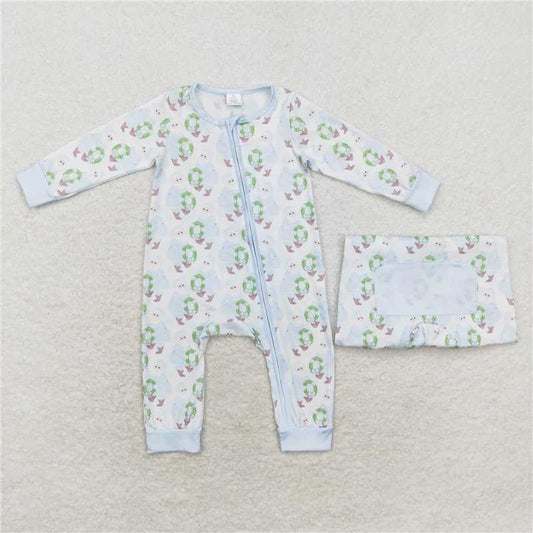 RTS LR1148 Modal Blue Santa Wreath Zipper Long Sleeve Bodysuit