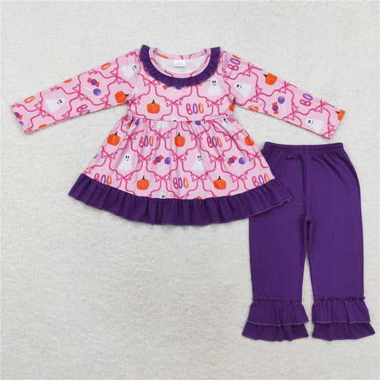 11.13 RTS NO MOQ （In stock）Matching Halloween GLP1533 Baby Girls Halloween Ghost Bows Tunic Top Ruffle Pants Clothes Sets
