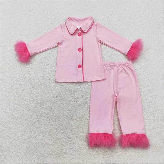 GLP1255Pink fur ruffle kids girls button down cotton pajamas