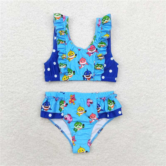 S0280  Baby Girls Summer Blue Sharks 2pcs Ruffle Swimsuits