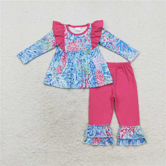 GLP1468Watercolor tunic hot pink ruffle pants girls clothing