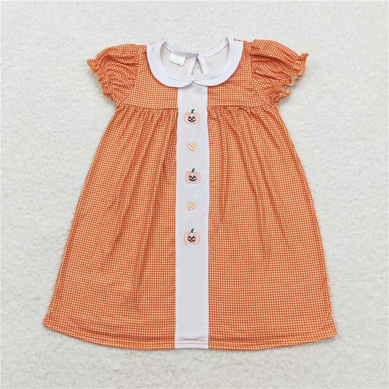 GSD1337  Baby Girls Pumpkin Candy Orange Checkered Knee Length Dresses