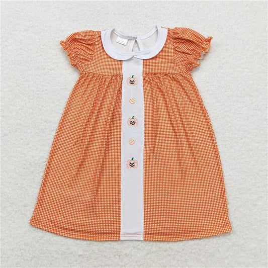GSD1337  Baby Girls Pumpkin Candy Orange Checkered Knee Length Dresses
