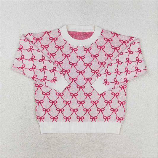 GT0687  Pink bow cotton kids girls winter sweater