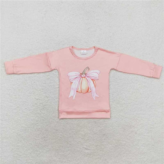 GT0692  Baby Girls Pink Pumpkin Bow Sibling Sister Shirt Rompers