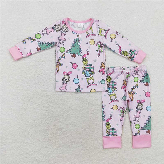 12.9 RTS NO MOQ （In stock）GLP1220 Baby Girls Pink Christmas Cindy Shirt Pants Bamboo Pajamas Clothes Sets