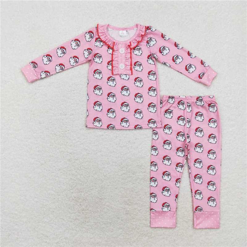 12.9 RTS NO MOQ （In stock）GLP1269 Baby Girls Christmas Pink Santa Ruffles Top Pants Bamboo Pajamas Clothes Sets