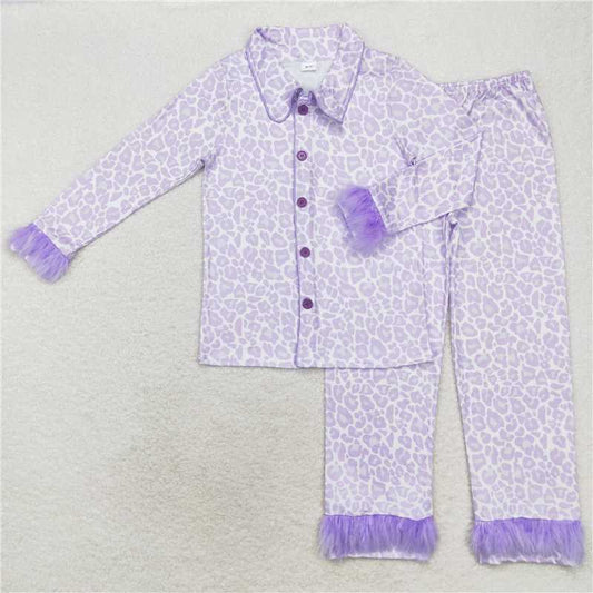 GLP1263   Adult Women Lavender Leopard Fur Button Up Top Pants Pajamas