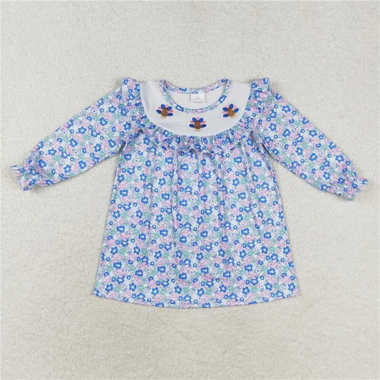 GLD0600  Baby Girls Blue Floral Thanksgiving Turkey Sibling Dresses Clothes Sets