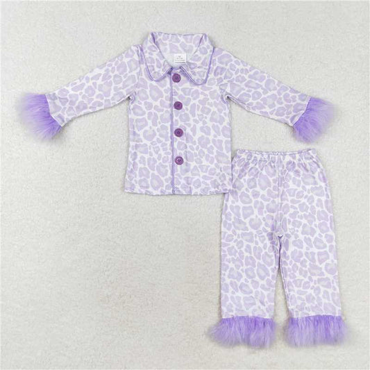 GLP1259Lavender leopard fur ruffle kids girls button down pajamas