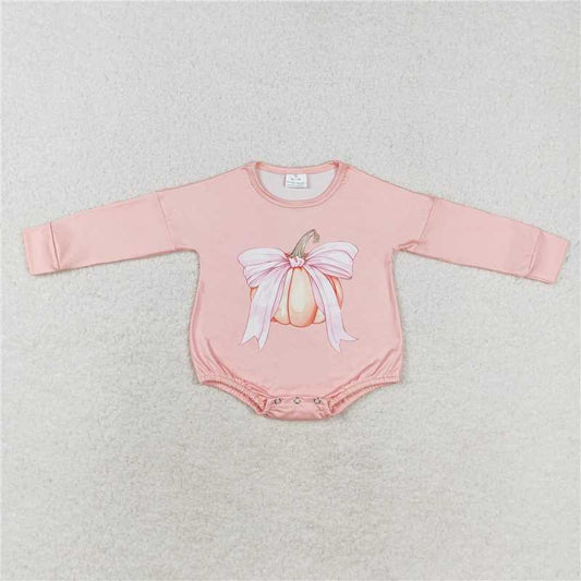 LR1444Long sleeves bow pumpkin baby girls fall romper