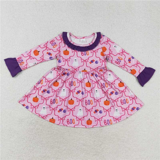 GLD0691Purple ruffle pink bow pumpkin ghost girls Halloween dress