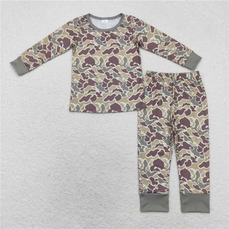 BLP0706Long sleeves green camo kids boys bamboo pajamas