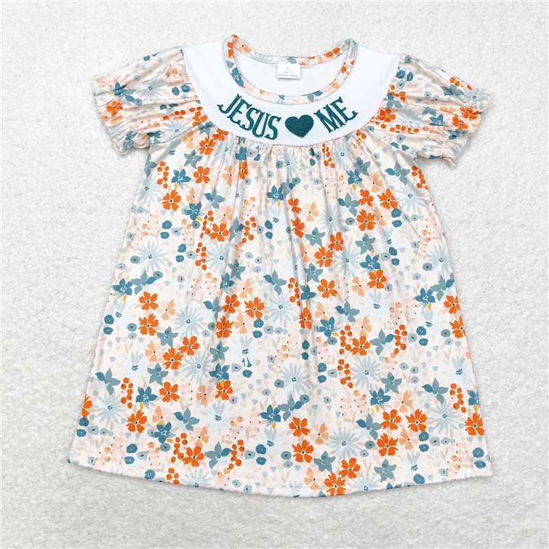 11.13 RTS NO MOQ （In stock）Matching GSD1387 Baby Girls Jesus Love Me Green Flowers Knee Length Flowers Dresses