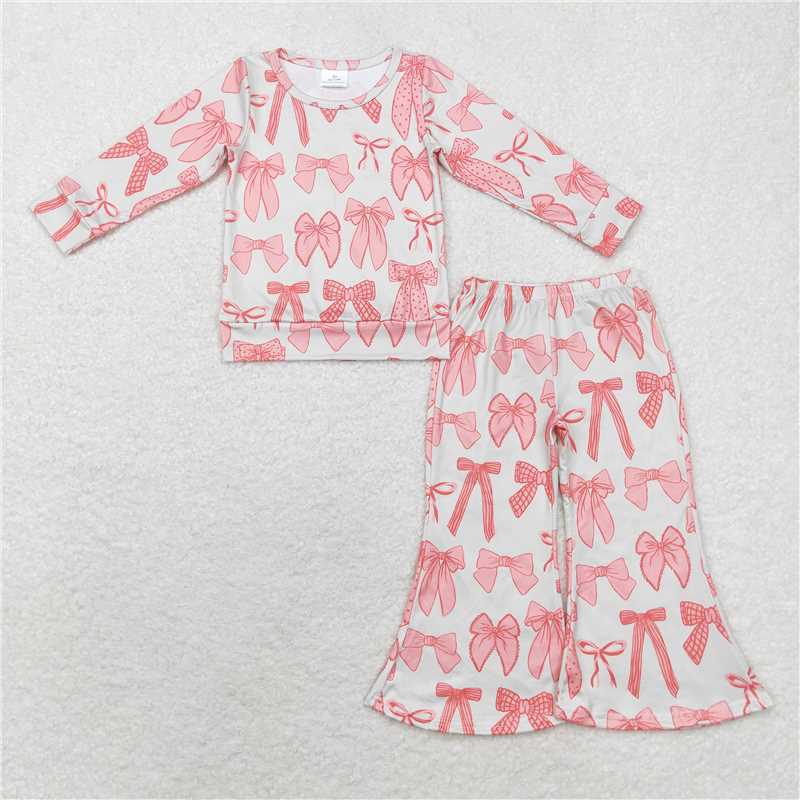 GLP1624Pink bow top flare pants kids girls clothing set