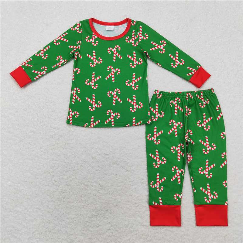 BLP0599Green candy cane long sleeves kids boys Christmas pajamas
