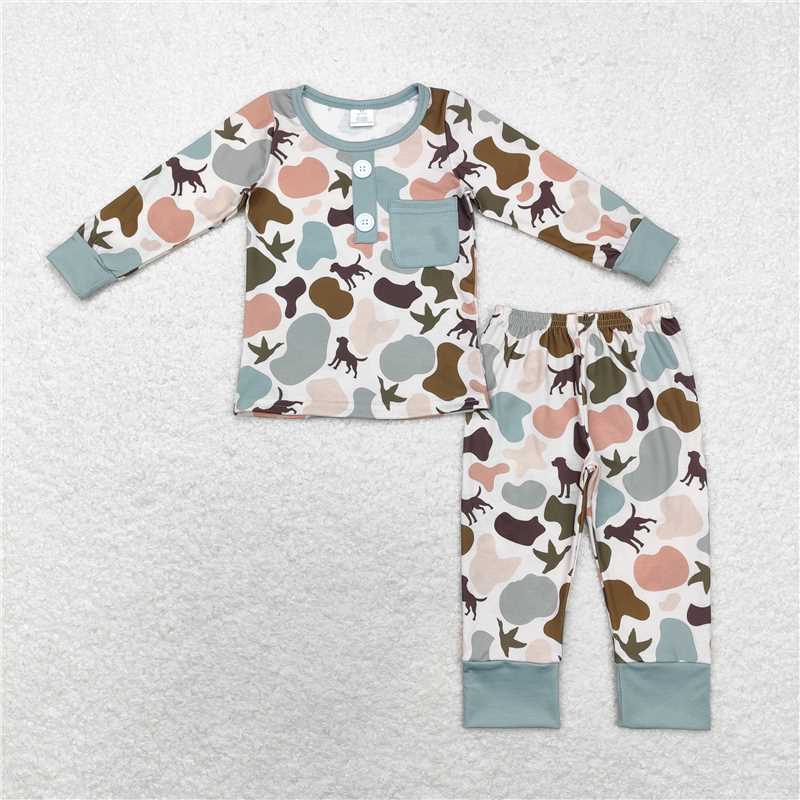 BLP0669Long sleeves dog duck camo kids boys bamboo pajamas
