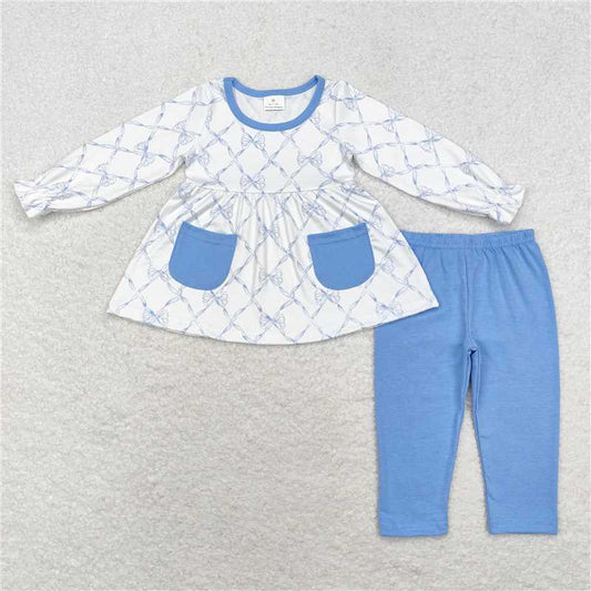 GLP1383Light blue bow tunic leggings kids girls clothing set