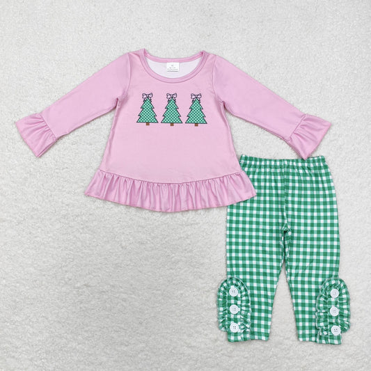 GLP1505 Bow Christmas tree pink long-sleeved green plaid green long-sleeved trousers suit