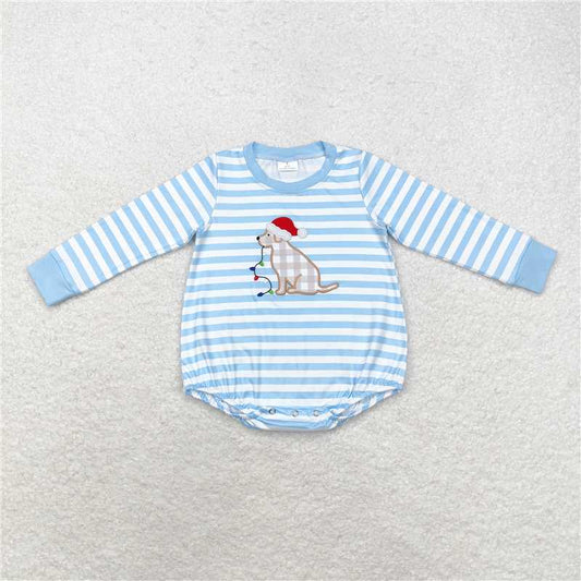 RTS LR1307 Embroidered Christmas hat puppy light stripe blue and white long-sleeved jumpsuit