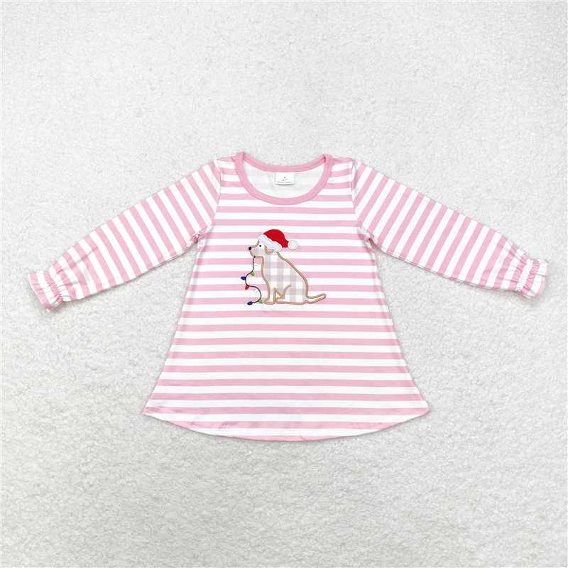 11.19 RTS NO MOQ （In stock）GT0659 Baby Girls Christmas Pink Stripes Dog Tee Shirts Tops
