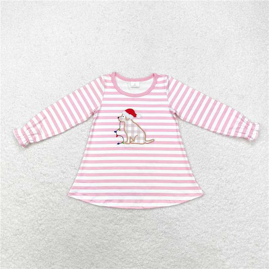 11.19 RTS NO MOQ （In stock）GT0659 Baby Girls Christmas Pink Stripes Dog Tee Shirts Tops