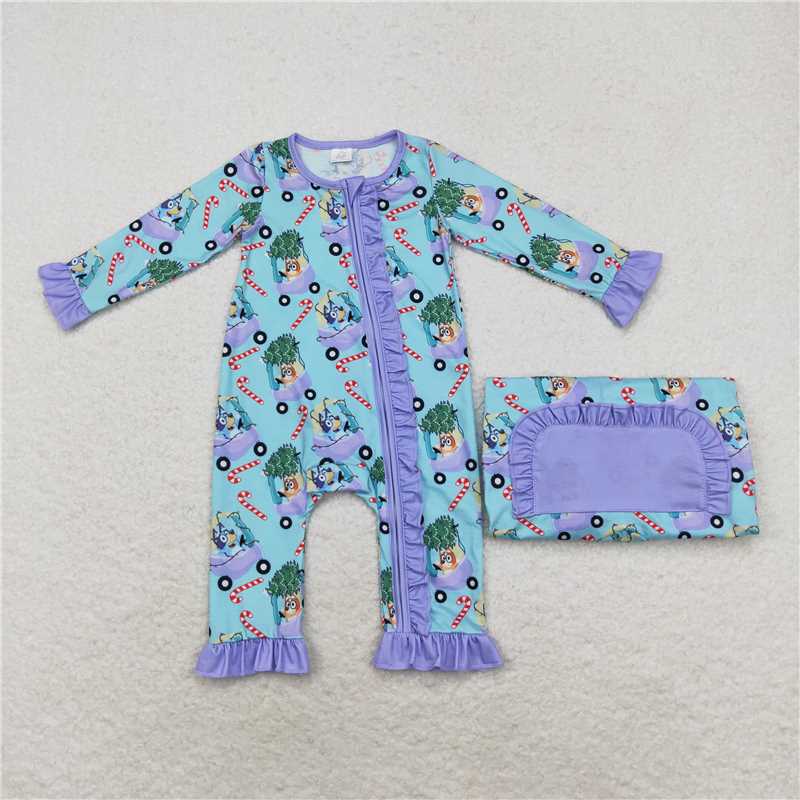 LR1419Dog candy cane Christmas tree car girls bamboo zipper romper