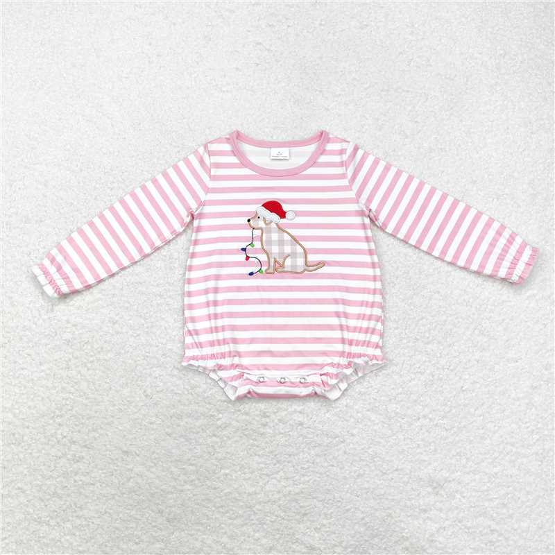 12.1 RTS NO MOQ （In stock）LR1306 Baby Infant Girls Christmas Stripes Dog Long Sleeve Rompers