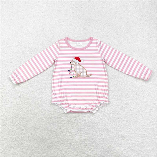 12.1 RTS NO MOQ （In stock）LR1306 Baby Infant Girls Christmas Stripes Dog Long Sleeve Rompers