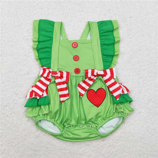 SR1912  Baby Infant Girls Christmas Green Hearts Ruffles Rompers