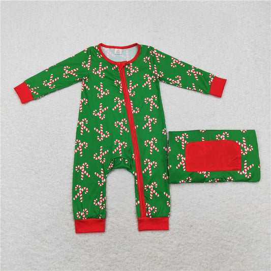 12.11 RTS NO MOQ （In stock）Matching Christmas LR1237 Baby Infant Boys Christmas Candy Cane Long Sleeve Zip Rompers
