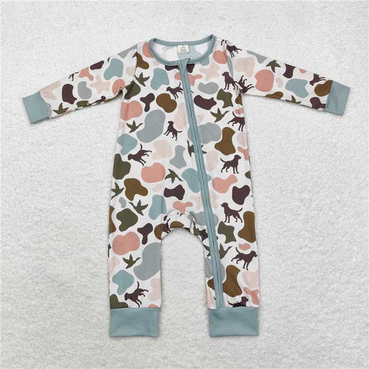 11.3 RTS NO MOQ （In stock）Matching LR1387 Baby Infant Boys Camo Dogs Duck Bamboo Zip Rompers