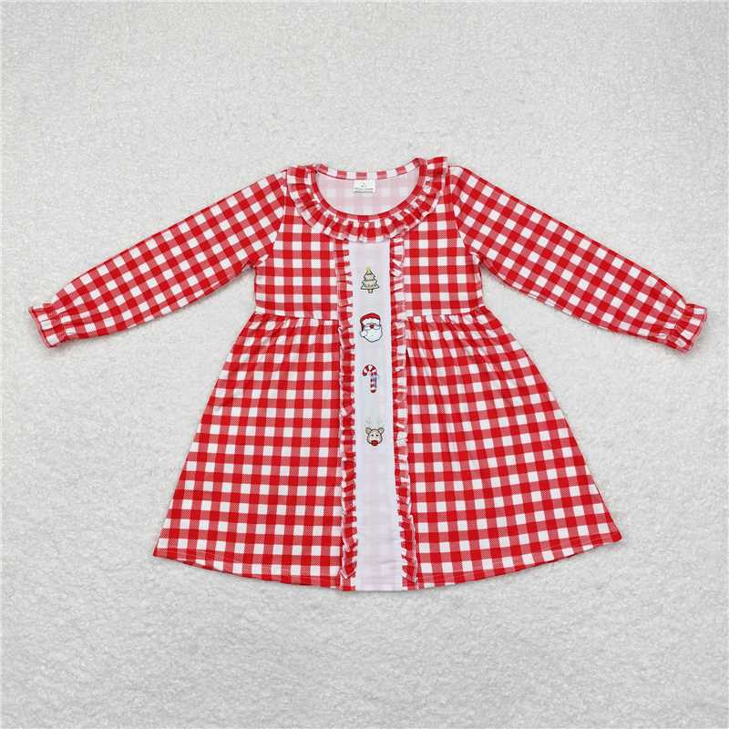11.22 RTS NO MOQ （In stock）GLD0634 Baby Girls Checkered Santa Knee Length Dresses