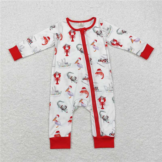 RTS LR1399 Modal Ship Crayfish Crocodile Red and White Zipper Long Sleeve Jumpsuit