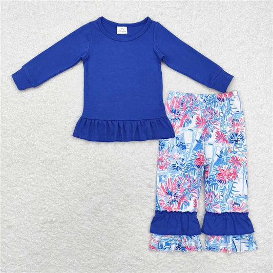 GLP1459Blue cotton top watercolor boat ruffle pants girls clothes
