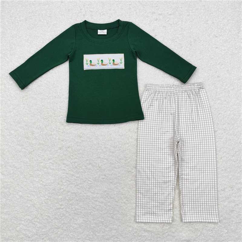 BLP0717Green duck long sleeves top plaid pants boys clothes