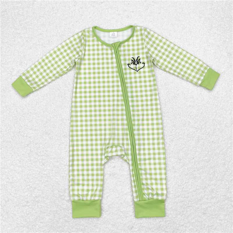 RTS LR1251 grinch modal smiley green plaid zipper long sleeve jumpsuit
