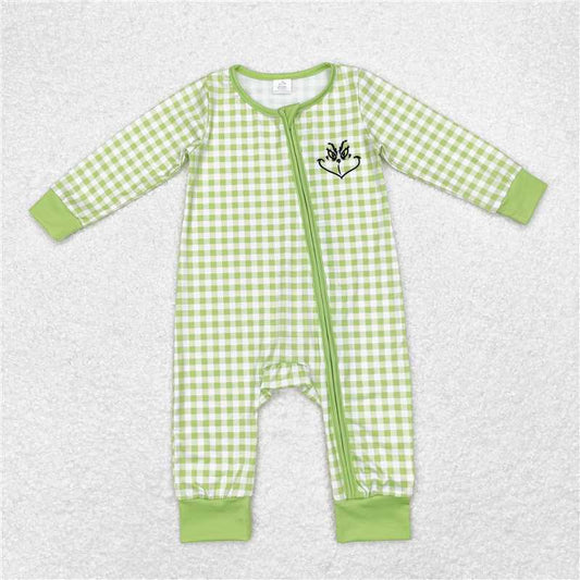 RTS LR1251 grinch modal smiley green plaid zipper long sleeve jumpsuit