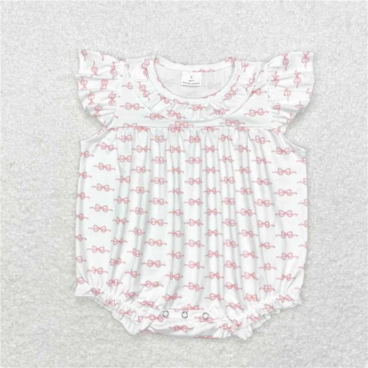 SR1933  Baby Girls Pink Bows Flutter Sleeve Rompers