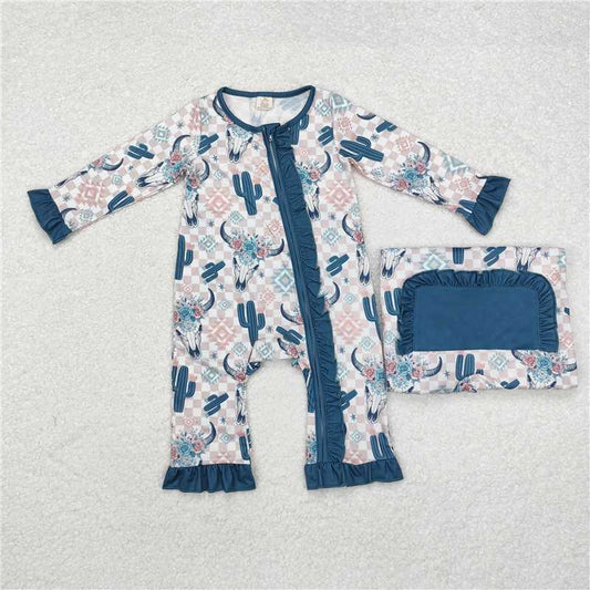 12.25 RTS NO MOQ （In stock）Matching LR1446 Baby Infant Girls Cow Cactus Aztec Western Bamboo Zip Rompers