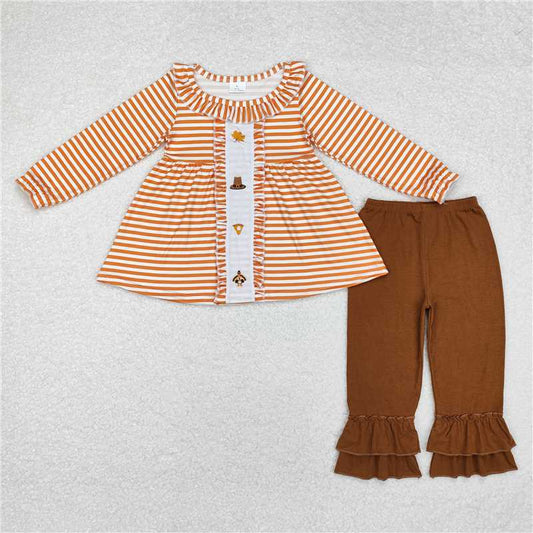 GLP1435Stripe pumpkin pie turkey girls Thanksgiving clothes