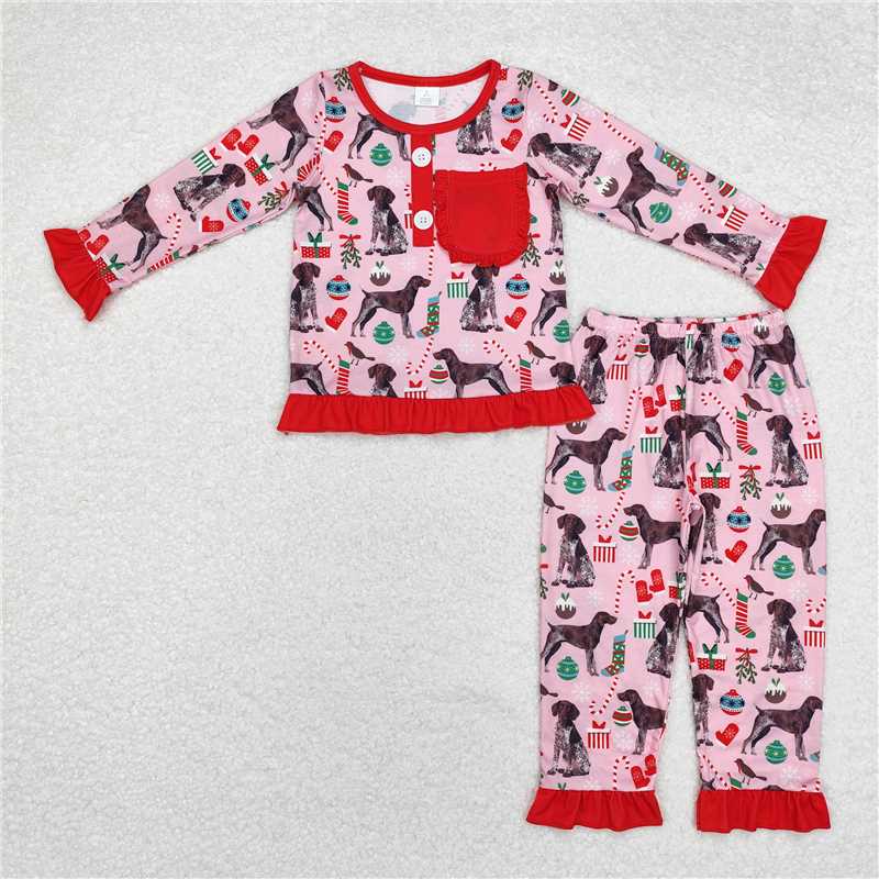 12.9 RTS NO MOQ （In stock）GLP1522 Baby Girls Christmas Dogs Red Tee Bamboo Pajamas Clothes Sets
