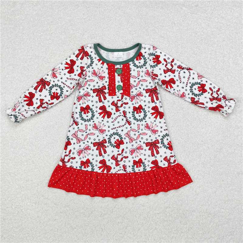 11.21 RTS NO MOQ （In stock）GLD0855 Baby Girls Christmas Red Bows Ruffle Knee Length Gowns Dresses
